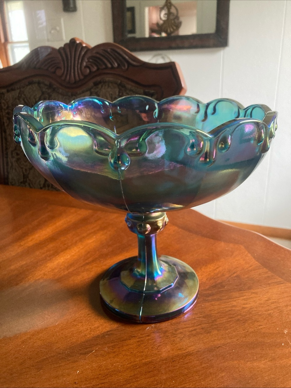 VTG Indiana Glass blue carnival glass teardrop garland pedestal compote